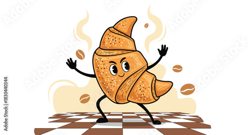 A cheerful cartoon croissant character dances happily on a checkered floor, surrounded by coffee beans and steam, representing a fun breakfast moment.