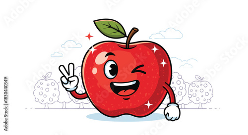 A cheerful and glossy red cartoon apple character joyfully winks while making a peace sign, standing happily amidst a lightly sketched apple orchard with trees and clouds.