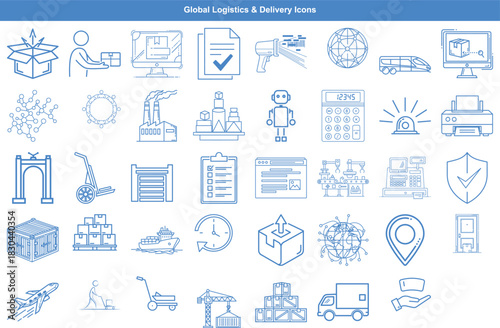 Comprehensive global logistics and delivery service outline icons for shipping solutions