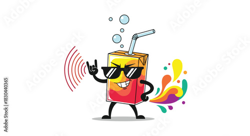 A vibrant cartoon juice box character wearing cool sunglasses makes a rock 'n' roll hand gesture with sound waves, as colorful liquid splashes from its side.
