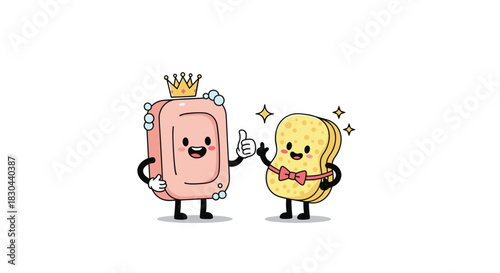 A cute cartoon bar of soap wearing a crown and bubbles gives a thumbs-up while standing with a cheerful sponge wearing a bow tie and sparkles, illustrating cleanliness and teamwork.