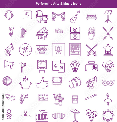 Detailed collection of performing arts and music line icons illustrating instruments, stage, and entertainment