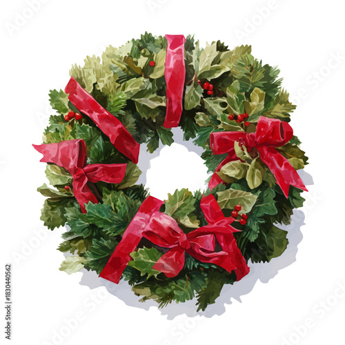 Christmas Wreath With Red Ribbons in detailed isometric watercolor art, isolated on a pure white backdrop.