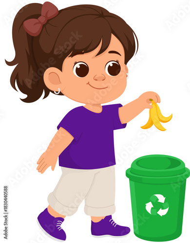 Illustration of Girl Throwing Banana Peel in Bin