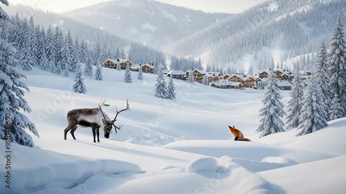Magical Christmas winter scene with a majestic reindeer and a red fox in a snowy mountain valley. A cozy alpine village in the background with gently falling snow. Looping animation.