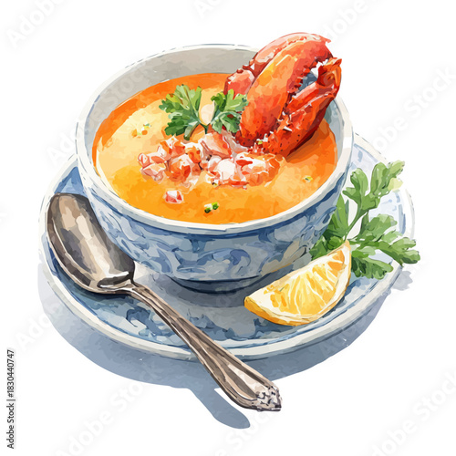 A watercolor isometric illustration of Lobster Bisque, cleanly isolated on white background.