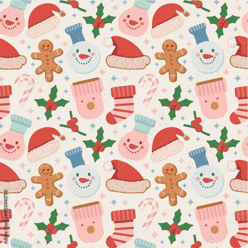 Cute Christmas Seamless Pattern with Snowman, Gingerbread, Santa Hat & Holiday Elements – Festive Winter Vector Background