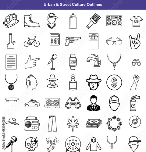 Diverse set of urban and street culture line icons representing music, fashion, and lifestyle elements
