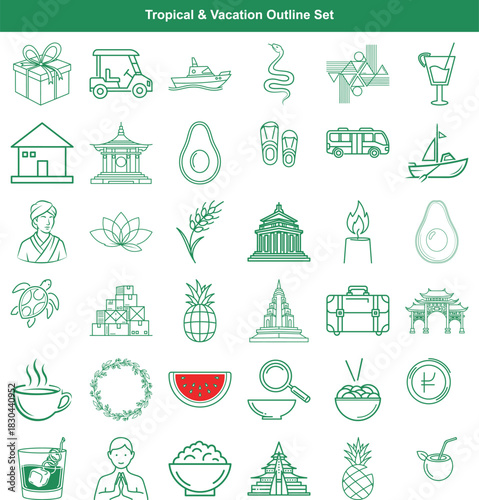 Diverse tropical vacation and travel destination outline icons for summer holiday concepts