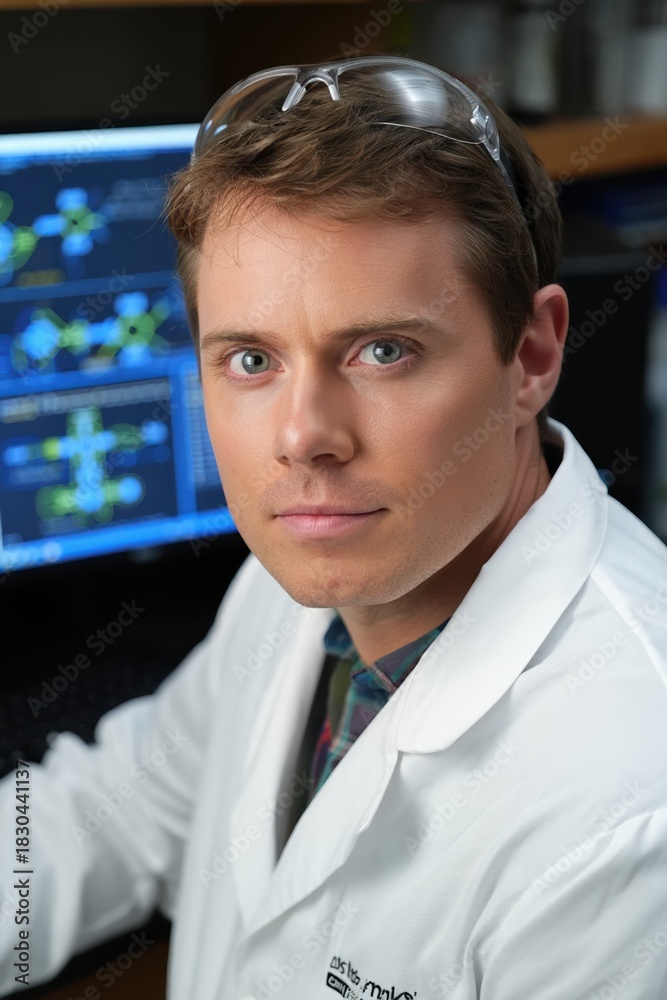 Obraz premium Male research chemist analyzes data on monitors in a modern lab environment.