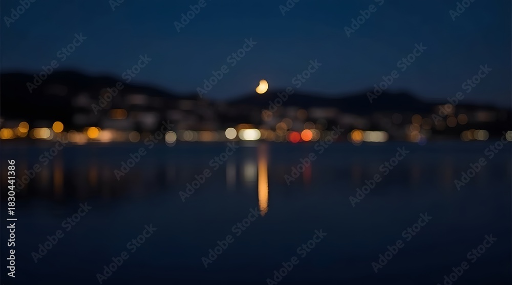 Obraz premium Ramadan and Islamic Festive Theme, Crescent moon reflected on calm water with bokeh lights