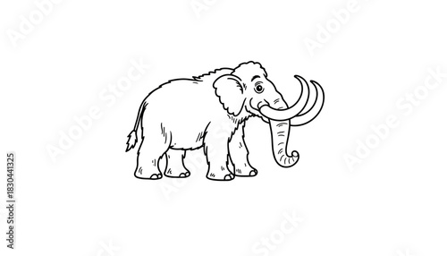 Cartoon mammoth standing with large tusks and smiling expression  