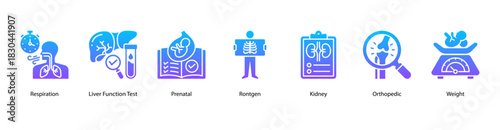 Clinical Health Monitoring web banner icon vector illustration featuring Respiration, Liver Function Test, Prenatal, Rontgen, Kidney, Orthopedic, and Weight for comprehensive body system checks.