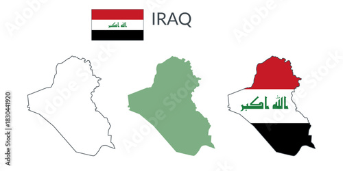 Iraq geographical borders isolated on white background. Flag of Iraq. Vector flat cliparts.