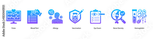Laboratory Health Indicators web banner icon vector illustration featuring Pulse, Blood Test, Allergy, Vaccination, Eye Exam, Bone Density, and Hemoglobin for essential medical metrics.