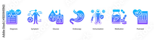 Medical Diagnosis Essentials web banner icon vector illustration featuring Diagnosis, Symptom, Glucose, Endoscopy, Immunization, Medication, and Postnatal for core healthcare procedures.