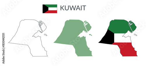 Kuwait geographical borders isolated on white background. Flag of Kuwait. Vector flat cliparts.