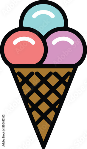 Ice cream cone vector icon with three colorful scoops featuring pink purple and blue flavors