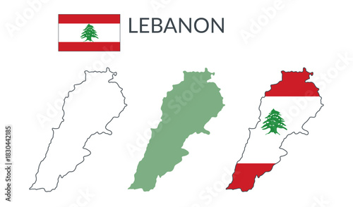 Lebanon geographical borders isolated on white background. Flag of Lebanon. Vector flat cliparts.
