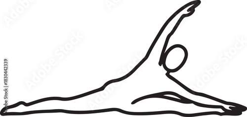Vector outline of a person performing a full body stretch on the floor with arm extended upwards