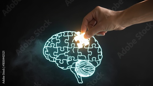Human hand places glowing puzzle piece into outline of organized thought organ