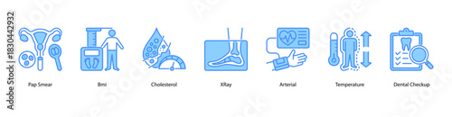 Essential Diagnostic Procedures web banner icon vector illustration featuring Pap Smear, BMI, Cholesterol, X-Ray, Arterial, Temperature, and Dental Checkup as core preventive health measures.