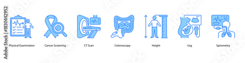 Comprehensive Health Screening web banner icon vector illustration featuring Physical Examination, Cancer Screening, CT Scan, Colonoscopy, Height, Usg, and Spirometry for complete medical evaluation.