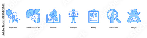 Clinical Health Monitoring web banner icon vector illustration featuring Respiration, Liver Function Test, Prenatal, Rontgen, Kidney, Orthopedic, and Weight for comprehensive body system checks.