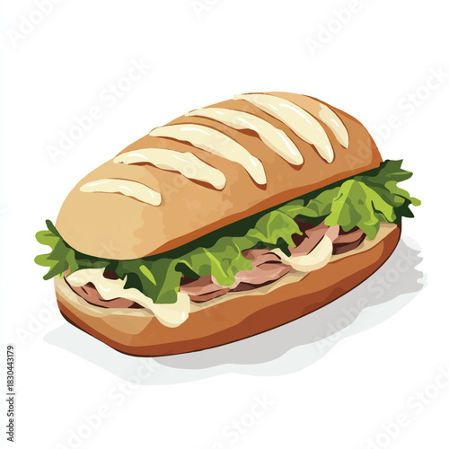 Delicious Sandwich with Fresh Lettuce and Meat on Crusty Bread.