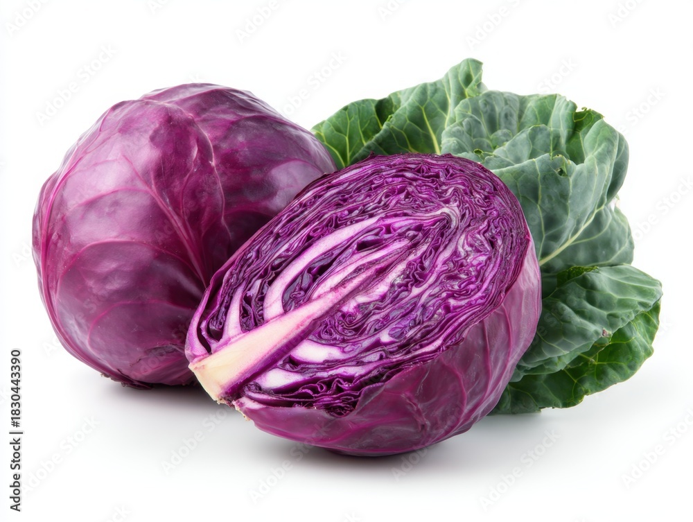 Obraz premium Whole and cut red cabbages isolated on white background, Vegetable garden, Healthy food