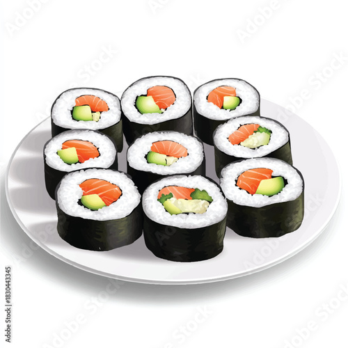  Delicious sushi rolls arranged on a white plate ready to be eaten.