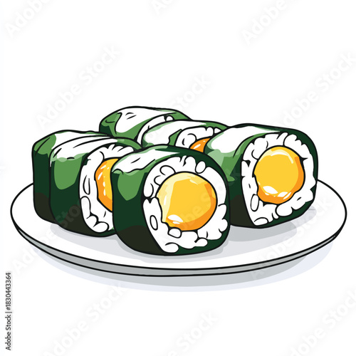 Delicious Tamagoyaki Sushi Rolls on a White Plate.