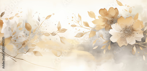 Watercolor artwork of beautifully arranged collection of flowers and leaves vector background. Design of variety of golden flowers and leaves against a pristine white background