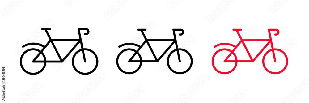 Fototapeta premium Bike icon featuring a simple side view of a bicycle with two wheels, frame, and handlebars. Flat vector illustration, created in outline, filled, and color style.