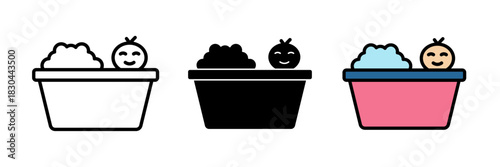 Baby bath icon featuring a small bathtub with water and a baby figure inside. Flat vector illustration, created in outline, filled, and color style.