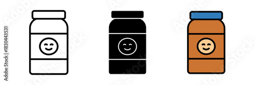 Baby food jar icon featuring a small jar with a lid and simple label or puree inside. Flat vector illustration, created in outline, filled, and color style.