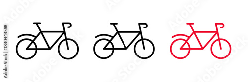 Bike icon featuring a simple side view of a bicycle with two wheels, frame, and handlebars. Flat vector illustration, created in outline, filled, and color style.