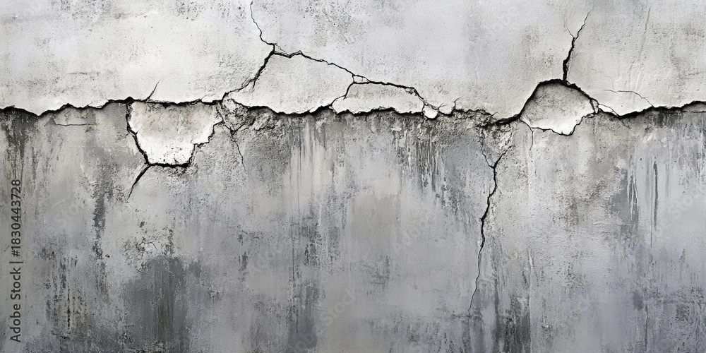 Obraz premium A cracked concrete wall displays various shades of gray, showcasing wear and age with its rough texture and visible imperfections.