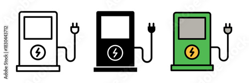 Charging station icon featuring a rectangular charging unit with a cable and plug symbol. Flat vector illustration, created in outline, filled, and color style.