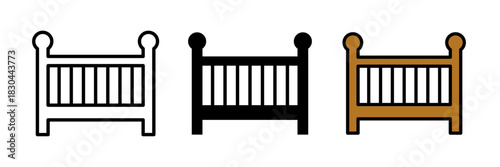 Crib icon featuring a small rectangular baby crib with vertical slats and a simple mattress. Flat vector illustration, created in outline, filled, and color style.