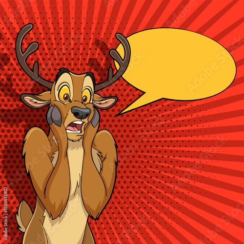 Vector modern comic pop art illustration of shocked and surprised Christmas deer with empty blank speech bubble with copy space for offer text