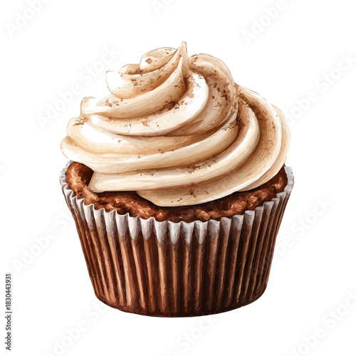 Isometric watercolor rendering of Mochaccino Cupcake, isolated on a clean white background.