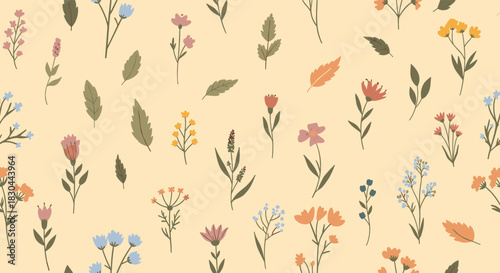 Charming seamless pattern with an assortment of delicate wildflowers and scattered leaves in soft, earthy tones on a pale yellow background.