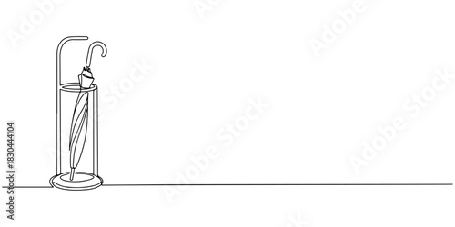Continuous single line drawing of umbrella stand, symbolizing protection and order, line art style vector illustration.