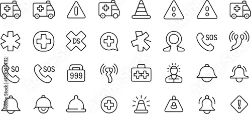 Emergency web icons in line style. Featuring accidents, natural disasters, rescue services, emergency signals, and more. Outline Icon Collection. Vector illustration. Editable stroke.