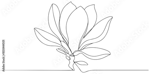 Continuous one line drawing of a magnolia flower with delicate, fluttering petals, symbolizing beauty and nature, line art style vector illustration.