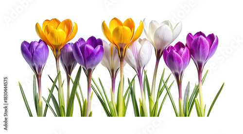 Beautiful colorful Crocus flowers in the Spring season, isolated on white background