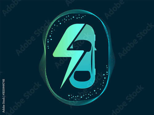 Electric Vehicle battery charging Dashboard Interface with lightning bolt symbol overlapping in hologram car top view and Surrounded wavy moving charging lines vector design concept for ui , ev car.