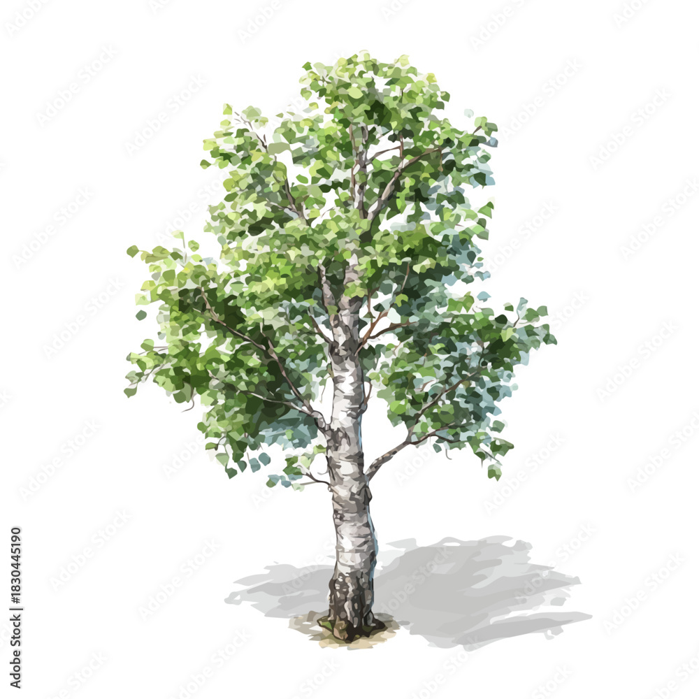 Obraz premium Silver Birch Tree in detailed isometric watercolor art, isolated on a pure white backdrop.