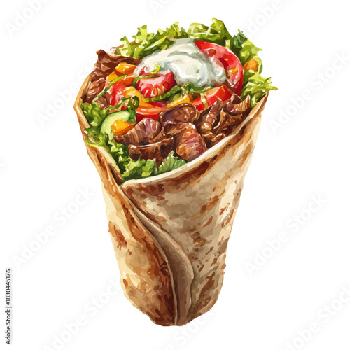 Beef Shawarma in detailed isometric watercolor art, isolated on a pure white backdrop.